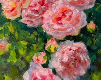 Pink Roses Original Oil Painting: Floral Botanical Garden Art Impressionist Artwork