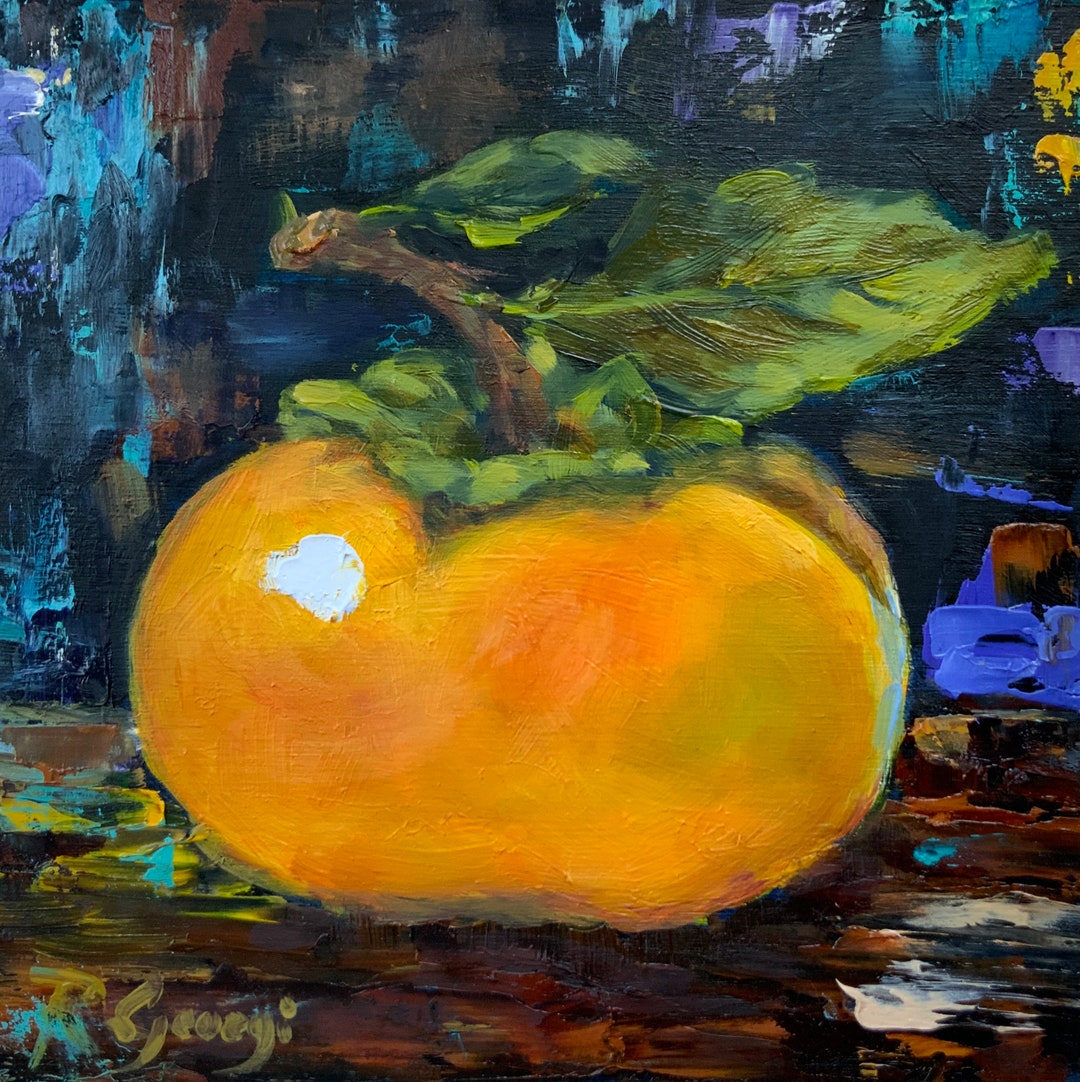 Persimmon Painting Fruit Original Art 6 1/2 X 6 1/2 Food Artwork Oil