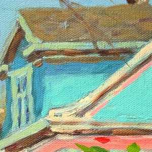 A close up.  Emerald green wall of the house.  Brown roof.  An emerald victorian home with orange roof.  Green front yard.  Impressionist oil painting with visible loose brush strokes.  Square format.