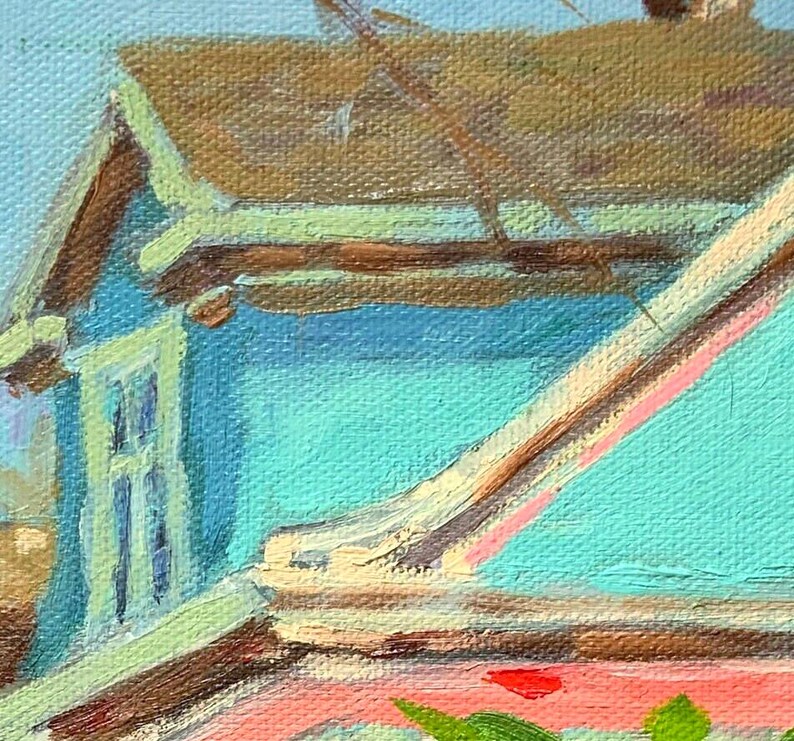 A close up.  Emerald green wall of the house.  Brown roof.  An emerald victorian home with orange roof.  Green front yard.  Impressionist oil painting with visible loose brush strokes.  Square format.