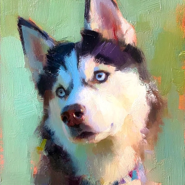 Husky Dog Painting Original Oil Pet Portrait Impressionist Impasto Art