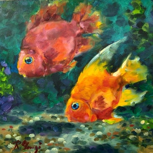 Fish Painting Aquatic Original Art Underwater Scene Sea Life Theme Oil Painting 10" x 10" Wood Panel by RoseGeorgiART