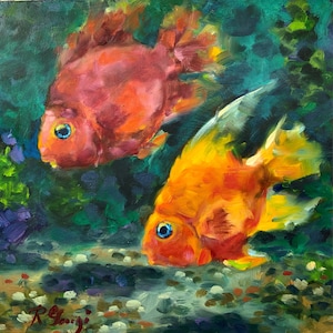 Fish Painting Aquatic Original Art Underwater Scene Sea Life Theme Oil Painting 10" x 10" Wood Panel by RoseGeorgiART