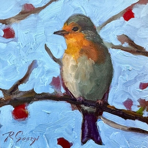 Bird Small Original Oil Painting Robin Nature Artwork Wildlife Impressionist Art Bird Lover Gift by RoseGeorgiART