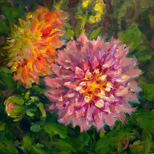 絵画　Dahlia Dahlia Oil Painting Original Floral Impressionist Art Garden