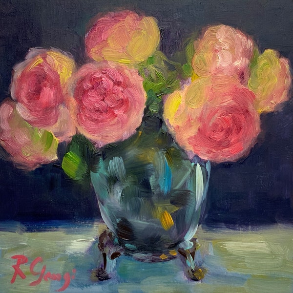 Roses Painting Flower Original Art 8" x 8" Oil Painting Floral Wall Art Birthday Gift Roses In Vase Still Life Art by RoseGeorgiART