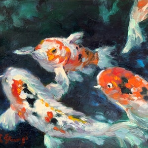 Koi Fish Painting Nautical Original Art 9&quot; x 12&quot; Sea Life Oil Painting Underwater Wall Art Fish Artwork Aquatic Wall Decor by RoseGeorgiART