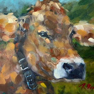 Swiss Alp Cow Painting Animal Original Art Oil Painting Cow Portrait Farm Scene Pastoral Artwork Impressionist Fine Art by RoseGeorgiART