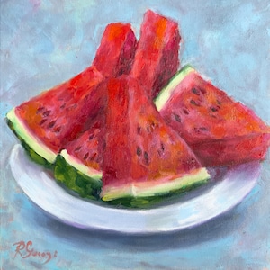 Watermelon Oil Painting Fruit Original Art Food Artwork 10&quot; x 10&quot; by RoseGeorgiART