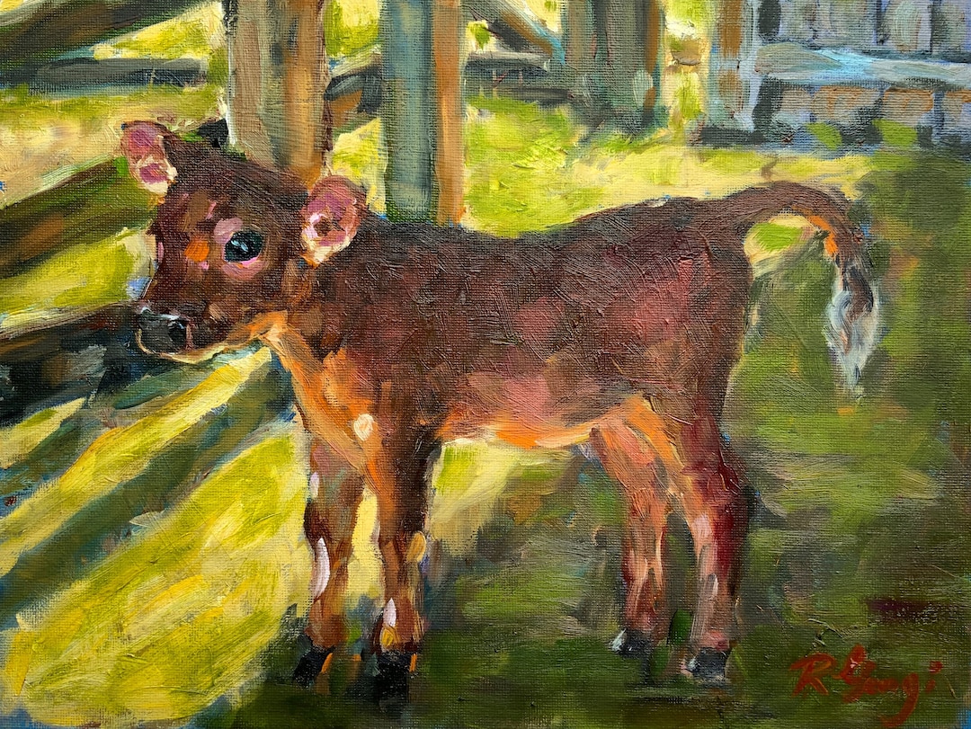 Calf Painting Animal Original Art in Oil 8 X 10 Cow Portrait Country ...
