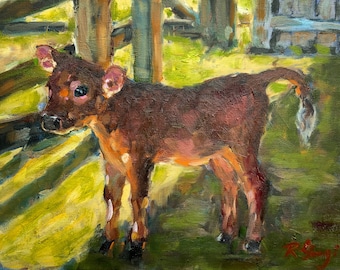 Calf Painting Animal Original Art In Oil 8" x 10" Cow Portrait Country Landscape Barn Scene Wall Art by RoseGeorgiART