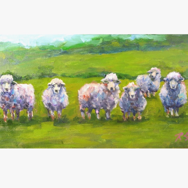 Sheep Oil Painting: Irish Landscape, Pastoral Animal Art