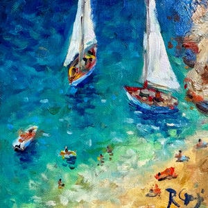 Original Beach Oil Painting: Coastal Sailboats Impasto Art