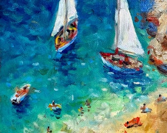 Beach Painting Landscape Original Art Ocean Artwork Sailboats Art Coastal Wall Art Small Impasto Oil Painting by RoseGeorgiART