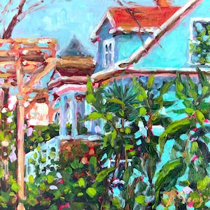 An emerald victorian home with orange roof.  Green front yard.  Impressionist oil painting with visible loose brush strokes.  Square format.