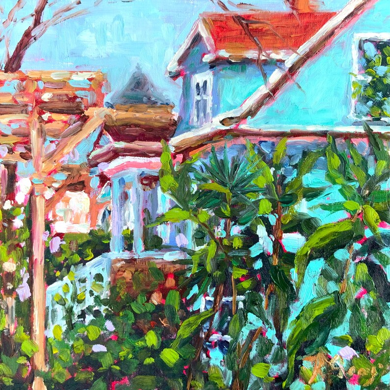 An emerald victorian home with orange roof.  Green front yard.  Impressionist oil painting with visible loose brush strokes.  Square format.