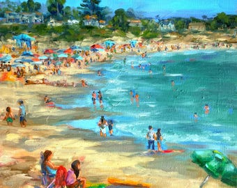 May include: An oil painting of a crowded beach scene featuring a sandy shore, turquoise ocean water, and numerous colorful umbrellas. People are scattered across the sand and swimming in the water under a bright blue sky with green trees.