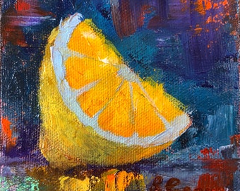 Pintura de limón fruta arte original 4 "x 4" óleo sobre lienzo cítricos miniatura arte comida arte cocina pared arte pequeña pintura por RoseGeorgiArt