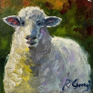 Irish Sheep Portrait Painting Animal Original Art 4x4 Impasto Small Oil Painting Pastoral Artwork Ireland Painting by RoseGeorgiART