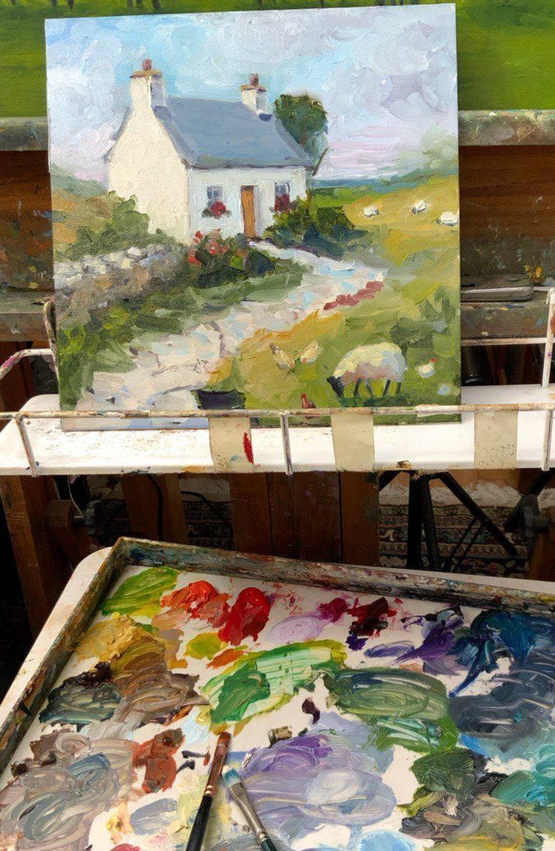 Irish Cottage Original Oil Painting Rural Ireland Impasto Artwork Green ...