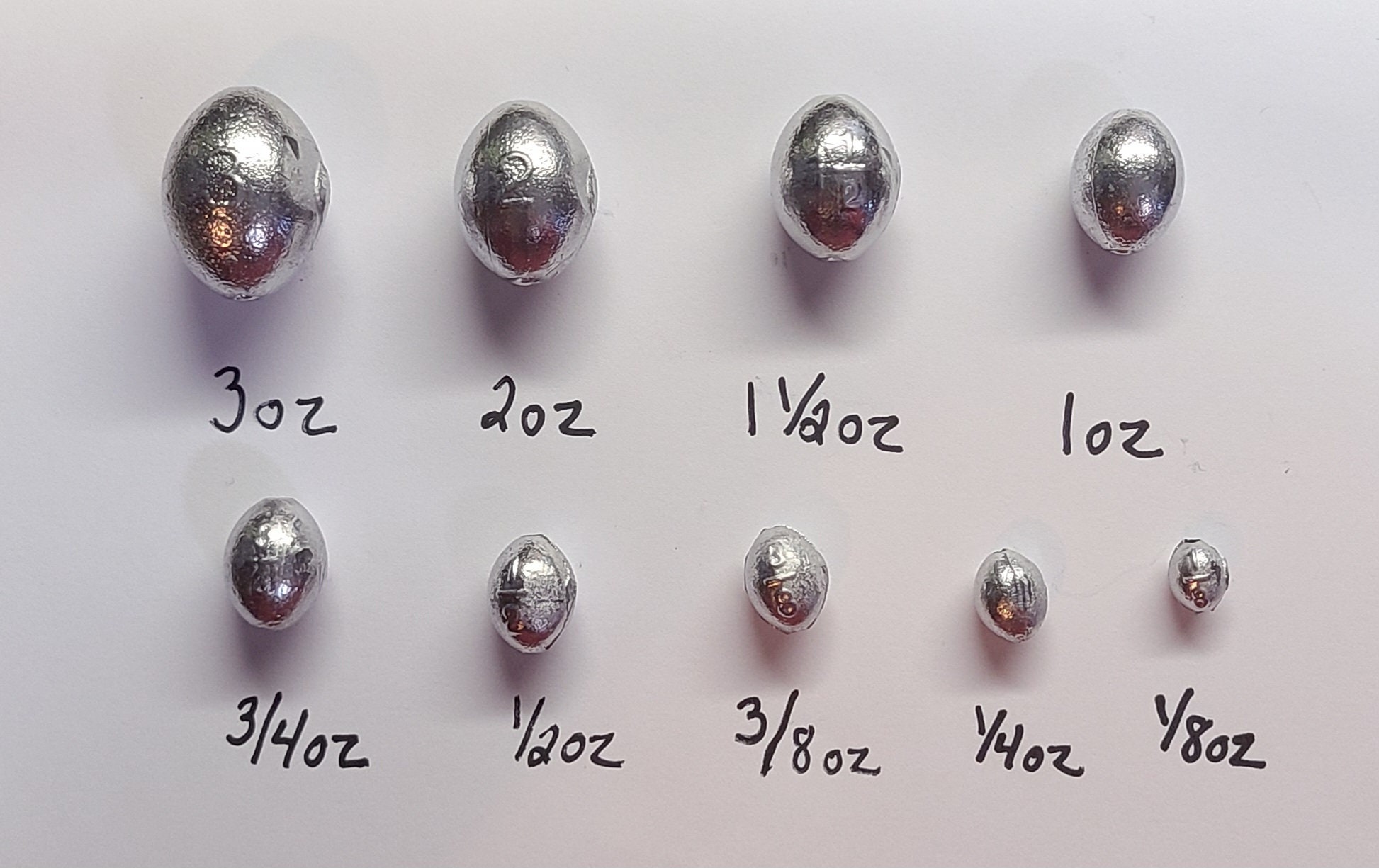 Egg Sinkers Quantity 50 Size 1/8, 1/4, 3/8, 1/2, 3/4, 1, 1/2,