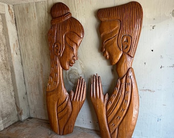 Vintage Hand Carved Wood Wall Art Set | Flat Plaque | Mid Century | Man and Woman | Asian Art | Purchase for HOPE