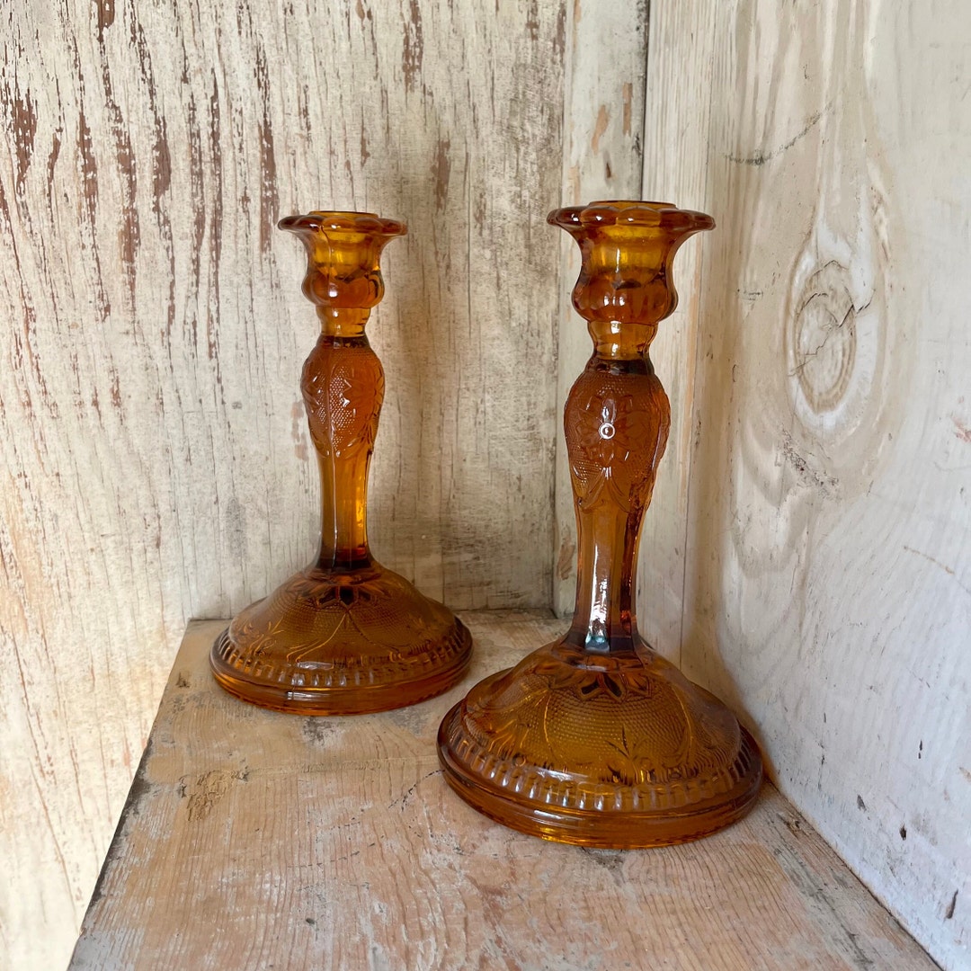 Tiara Amber Glass Candle Holders Vintage Pair 8.5 Inches Your Purchase