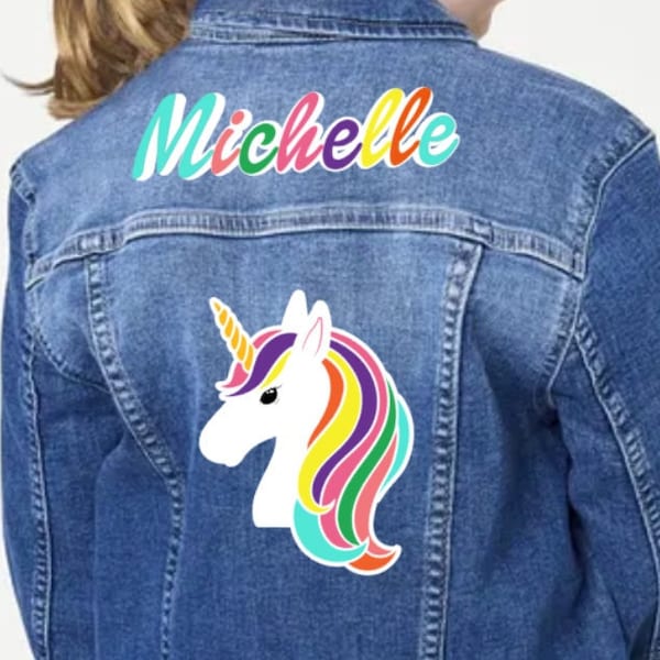 Cute Unicorn Baby/Toddler/Youth Blue Jean Jacket, Girls Custom Name Unicorn Jean Jacket, Rainbow Unicorn Children Jacket, Girls White Jacket