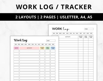 Work Log Printable,Time Spent Tracker,Working Hours, Work time log,Task tracker, Work Hours Planner, Work Tracker, Work task hours, Time log