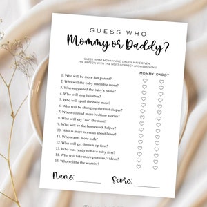 Guess who mommy or daddy babyshower game minimalist,Guess who baby shower activity,Baby shower mom or dad guessing,Who Said It Trivia Game