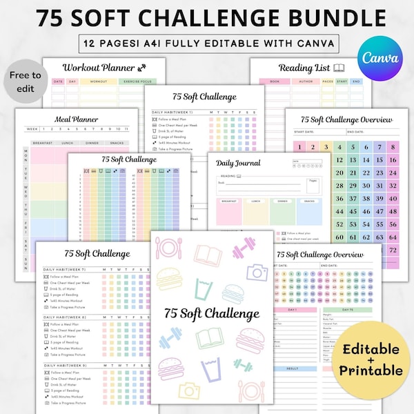 75 soft challenge tracker printable editable,Soft challenge 75,75 easy challenges,75 soft editable planner,Editable 75 soft challenge bundle