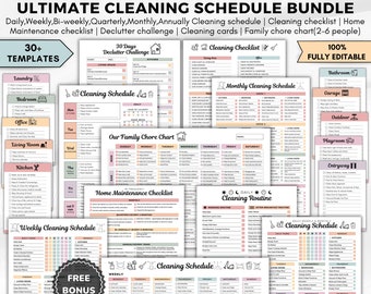 Ultimate cleaning schedule bundle editable,Cleaning Planner Bundle a4,Weekly,Monthly,Yearly Cleaning Checklist,Declutter,Family Chore Chart
