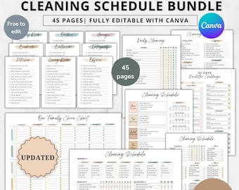 Paquete de programación de limpieza definitiva editable, paquete de planificación de limpieza, semanal, mensual, lista de verificación de limpieza anual, 30 orden, tabla de tareas familiares