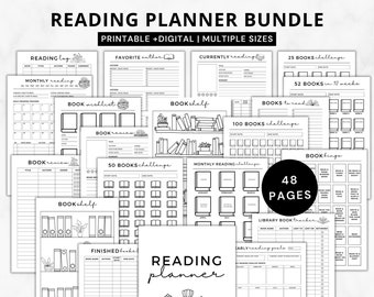 books and journals Book Reading planner bundle printable,Reading planner 2023,printable reading challenge,Book review log book,Monthly Reading journal minimal