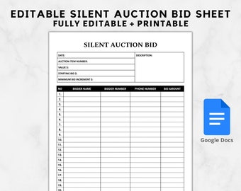 Silent Auction Bid Sheet Template Editablesilent Auction Bid ...