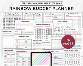 Rainbow budget finance planner bundle printable,Digital finance journal ipad,finance planner bundle a5 pdf book,budget planner binder 2023