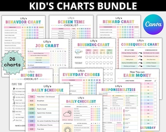 Editable Kids chore chart bundle,Kids daily checklist canva,editable responsibility chart bundle,Allowance,Screentime,Behavior,Reward chart