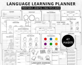 Planificador de aprendizaje de idiomas imprimible, Cuaderno de estudio de idiomas, Cuaderno de vocabulario, Plantillas de nociones de aprendizaje de idiomas, Diario de aprendizaje de idiomas