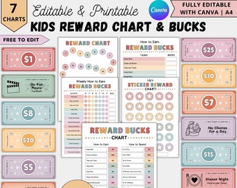 May include: Seven printable reward charts and 110 reward bucks for kids. The charts are colorful and feature a variety of themes, including movie night, no chores for a day, and dinner night. The reward bucks are also colorful and feature different denominations.