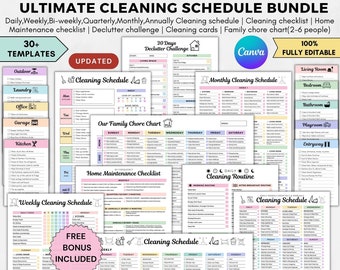 Programme de nettoyage ultime modifiable,Planificateur de nettoyage a4, Liste de contrôle pour le nettoyage hebdomadaire, mensuel et annuel, Désencombrement, Tableau des tâches ménagères