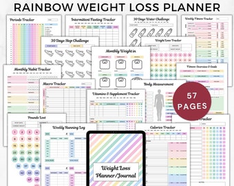 Weight lose planner journal 2023,Rainbow fitness planner bundle printable digital,a5 ultimate fitness planner book,workout planner goodnotes