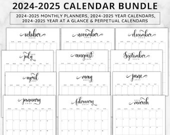 Monthly planner 2024 2025 printable,2024 2025 Calendar Bundle,Editable Portrait Monthly Calendars,Perpetual Calendars,Year at a Glance a4