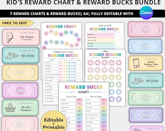 Editable Kids reward bucks and chart,Reward coupons for kids,Mom bucks chart printable,Reward system Play money,Rainbow Colorful chore chart