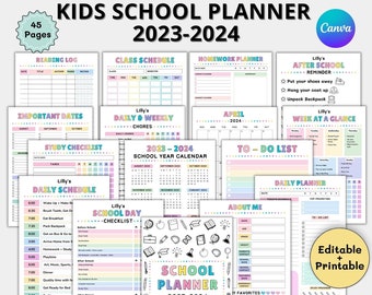 Bewerkbare Kids School Planner 2023-2024, ADHD Studieplanner voor kinderen afdrukbaar, Schoolkalender, Huiswerk, Klusjes, Na voor school checklist