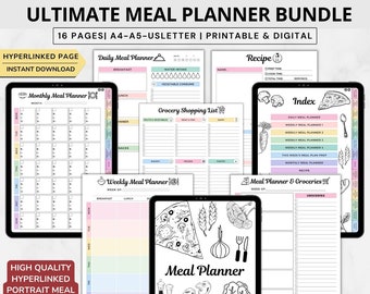 Meal planner bundle printable,Digital meal planner with master grocery list template,Weekly meal planning,Meal prep digital plannergoodnotes