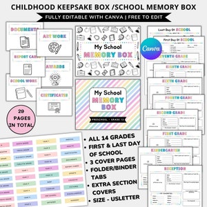 School memory box kit printable,Childhood memory book editable School keepsake book lable,First and last day of school,Kids Keepsake Journal