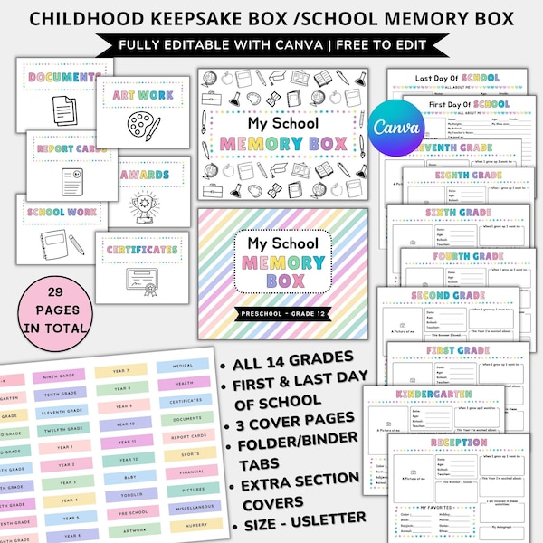 Kit de boîte de mémoire d'école imprimable, livre de mémoire d'enfance modifiable étiquette de livre de souvenir d'école, premier et dernier jour d'école, journal de souvenir d'enfants