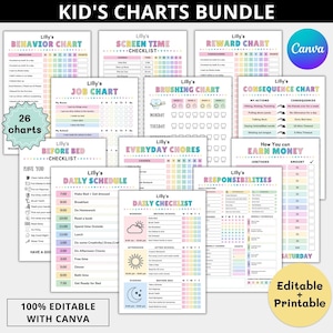 Editable Kids chore chart bundle,Kids daily checklist canva,editable responsibility chart bundle,Allowance,Screentime,Behavior,Reward chart