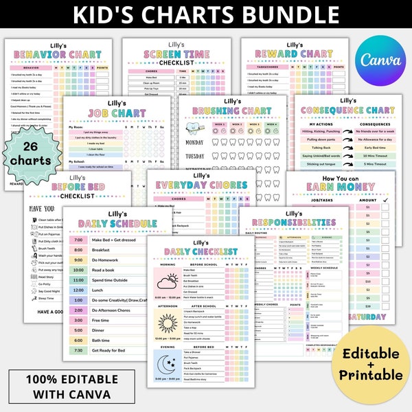 Paquete de gráficos de tareas editables para niños, canva de lista de verificación diaria para niños, paquete de gráficos de responsabilidad editables, asignación, tiempo de pantalla, comportamiento, gráfico de recompensas