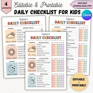 May include: Printable daily checklist for kids with a colorful design. The checklist includes sections for morning, afternoon, evening, and before bed. Each section has a list of tasks with checkboxes for each day of the week. The checklist is personalized with the name "Sophia's".